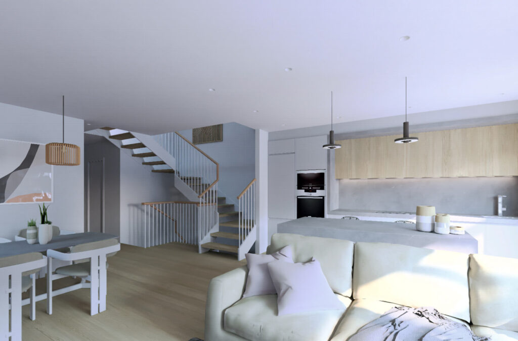 salón-comedor-cocina- de promoción de Chalets Adosados de obra nueva en Arroyo de la Encomienda. A la venta por IGD Royal Home, Inmobiliaria en Valladolid